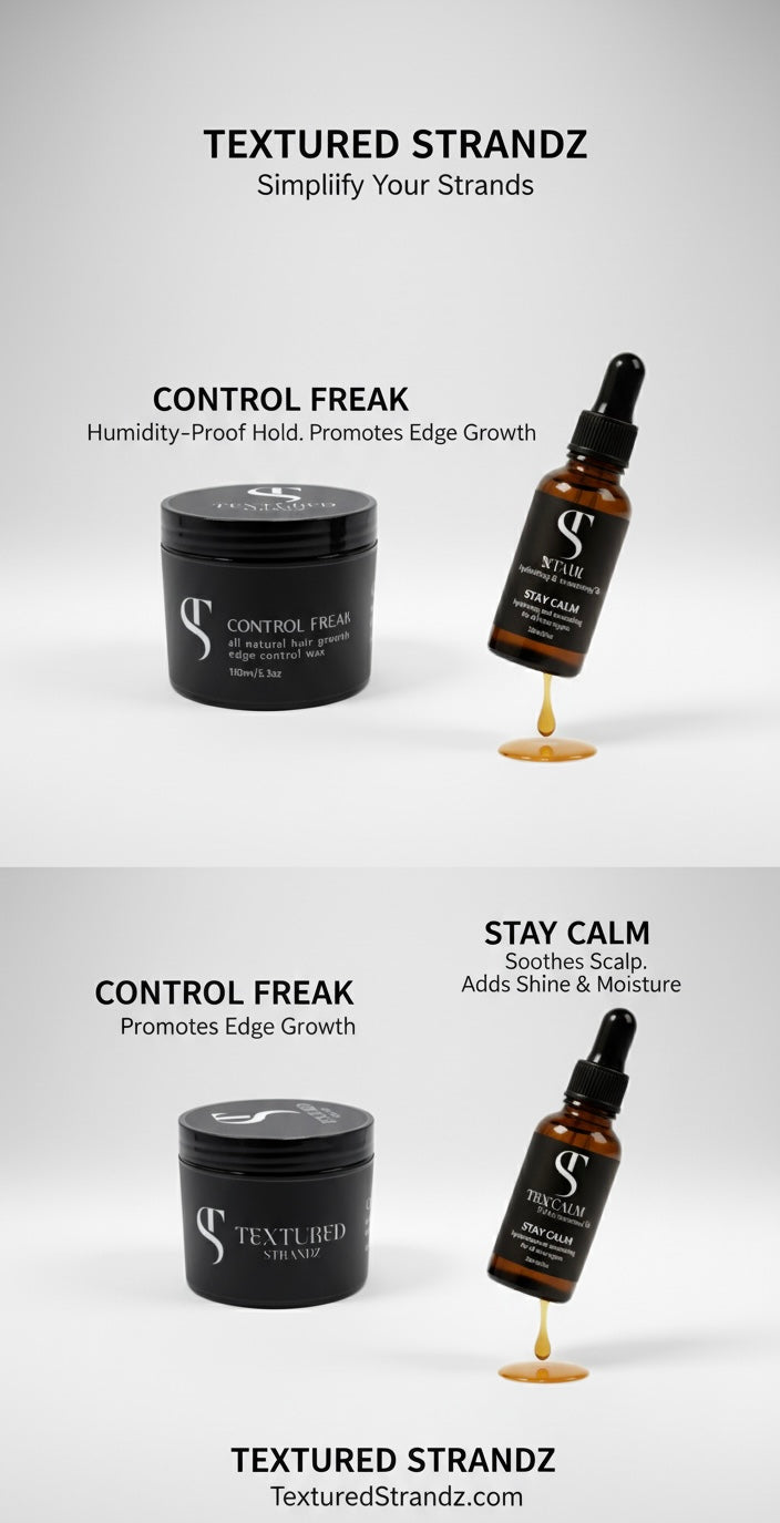 Textured Strandz hair care products includingControl Freak and Stay Calm on a white background.