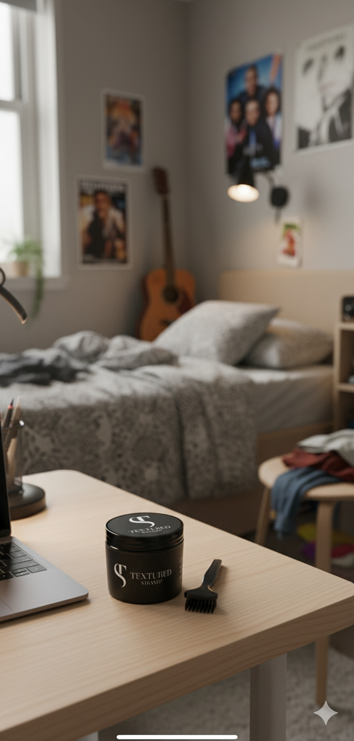 Black container on a desk in a bedroom with a bed and guitar in the background