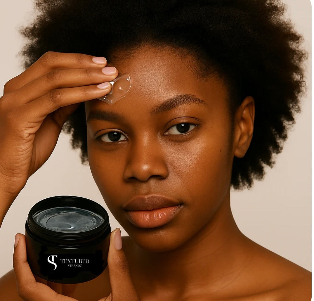 Woman applying a product to her face with a jar of the same product in front of her.