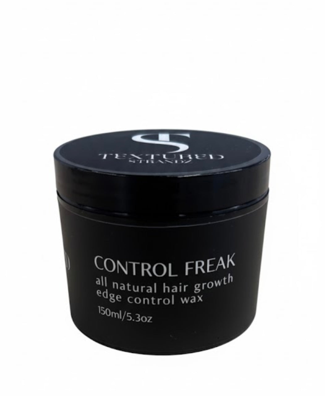 Black container of 'Control Freak' edge control wax on a white background