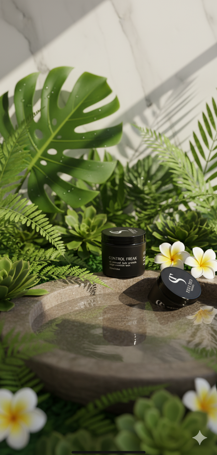 Black jar and heart-shaped container on a stone surface with green foliage and flowers in the background