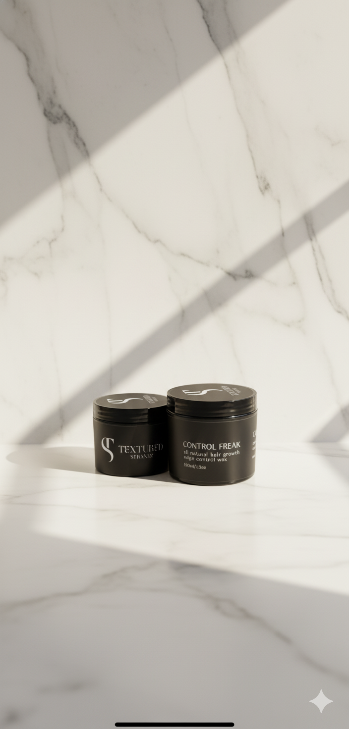 Two black jars labeled 'Textured' on a marble shelf.